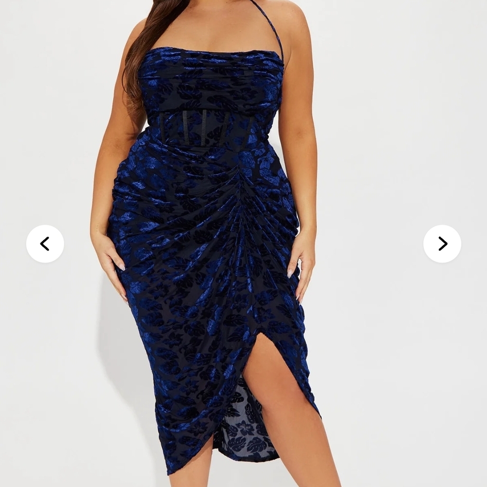 Fashion Nova Navy Velvet Burnout Dress, PLUS